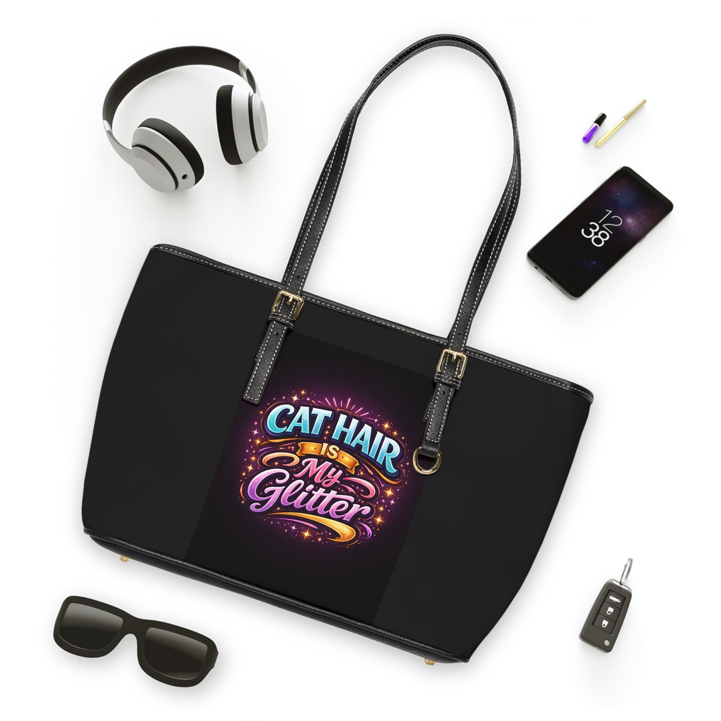 Tote Bag — "Cat Hair Is My Glitter" PU Shoulder Tote for Cat Lovers