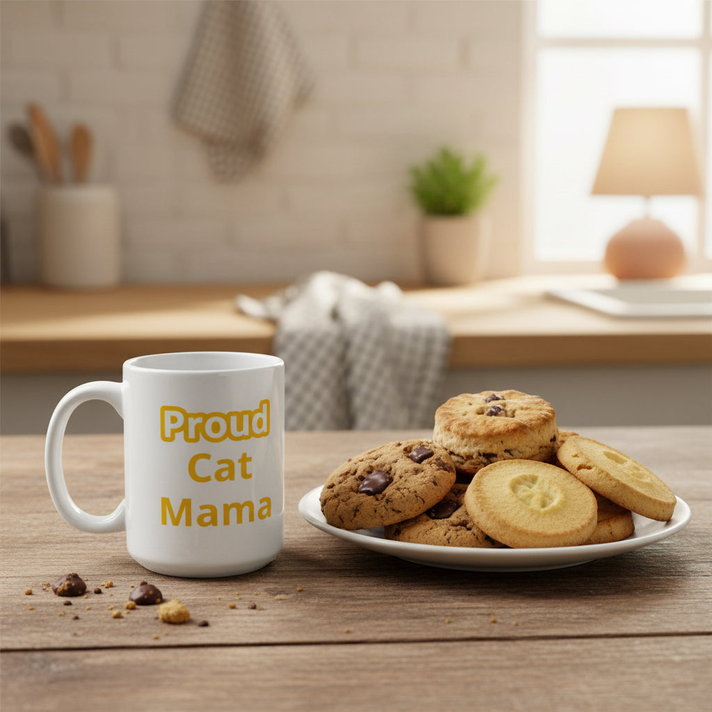 Celebrate your love for feline friends with this charming "Proud Cat Mum" white glossy mug. Perfect for coffee, tea, or your favourite beverage, this durable ceramic mug features a vivid, long-lasting print that resists fading through countless dishwasher and microwave cycles. Available in three convenient sizes—11 oz, 15 oz, and 20 oz—to suit your daily routine. Crafted from lead and BPA-free ceramic, it's a safe, stylish choice for cat lovers everywhere. Whether you're treating yourself or gifting a fello