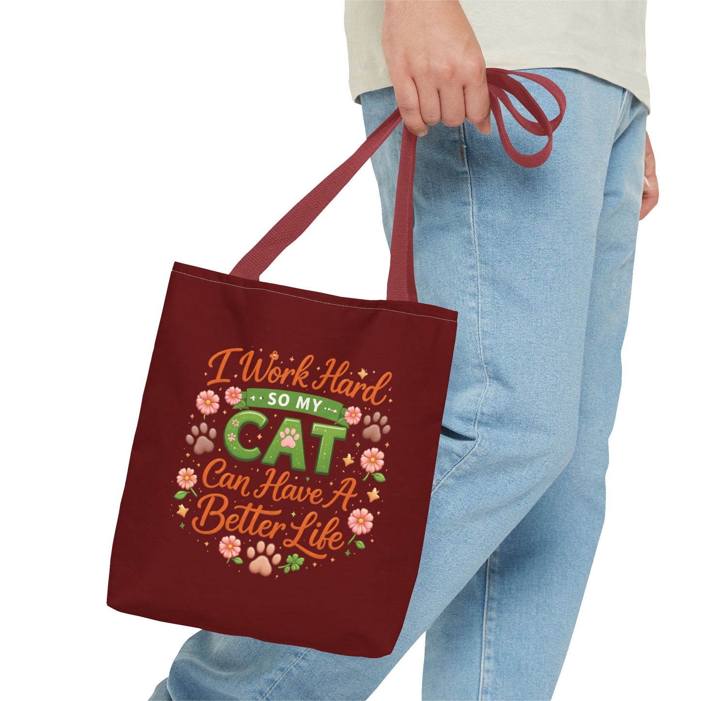 Cat Lover Tote Bag - "I Work Hard So My Cat Can Have A Better Life" Cute Floral Canvas Tote