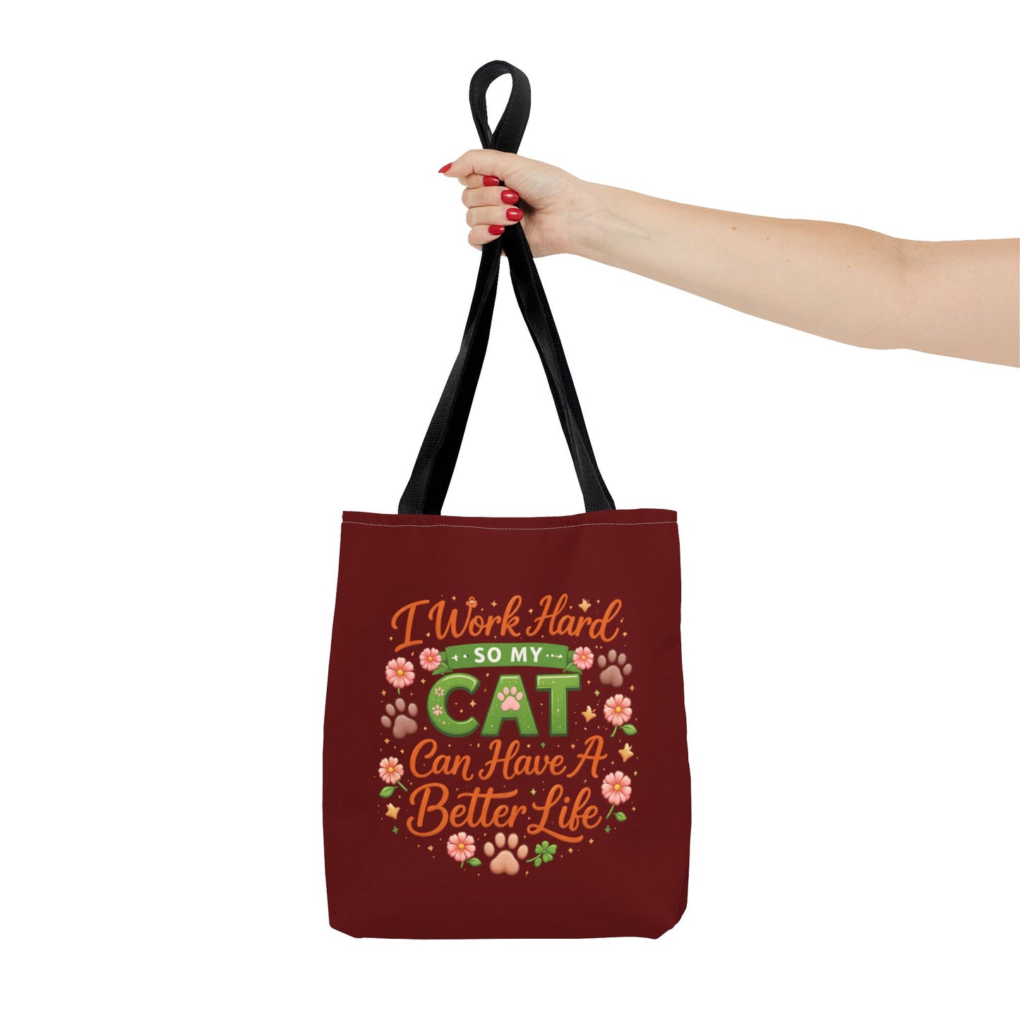 Cat Lover Tote Bag - "I Work Hard So My Cat Can Have A Better Life" Cute Floral Canvas Tote