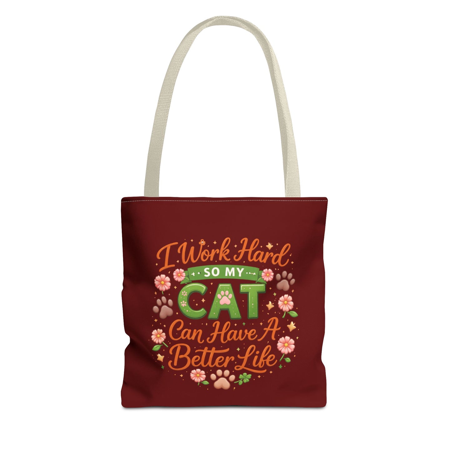 Cat Lover Tote Bag - "I Work Hard So My Cat Can Have A Better Life" Cute Floral Canvas Tote