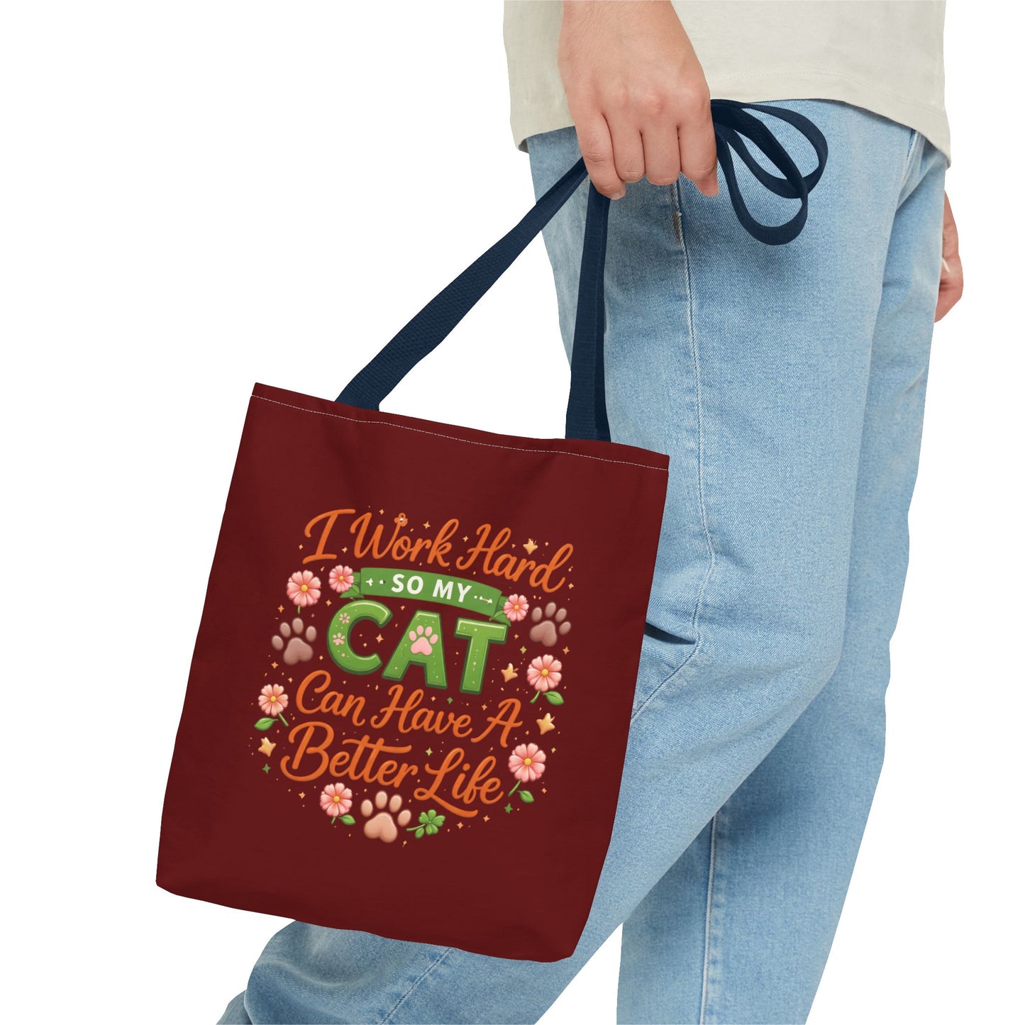 Cat Lover Tote Bag - "I Work Hard So My Cat Can Have A Better Life" Cute Floral Canvas Tote