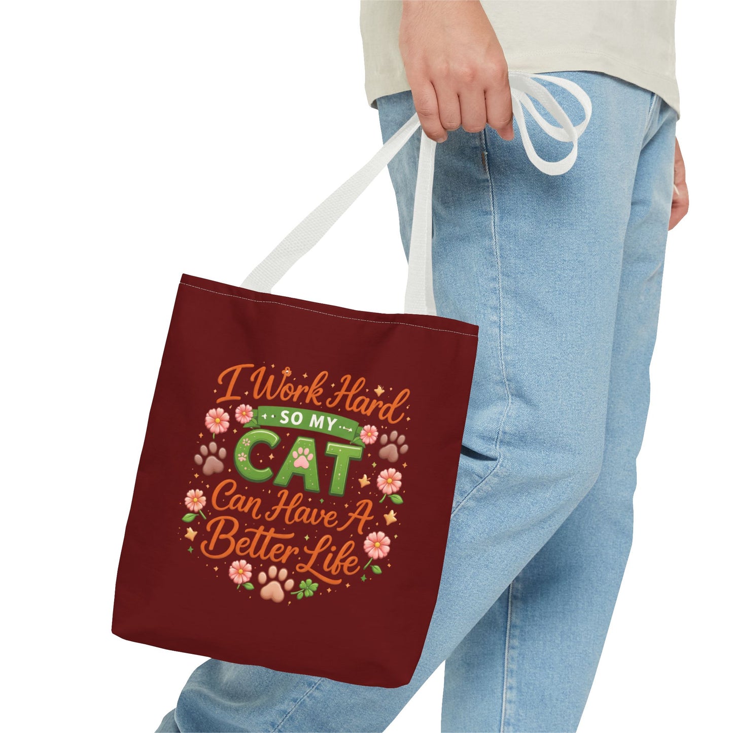Cat Lover Tote Bag - "I Work Hard So My Cat Can Have A Better Life" Cute Floral Canvas Tote