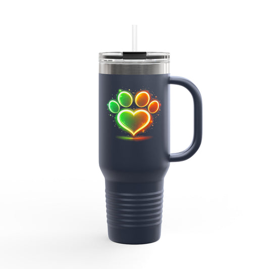 40oz Insulated Travel Mug – Neon Paw Heart Design | Pet Lover Tumbler