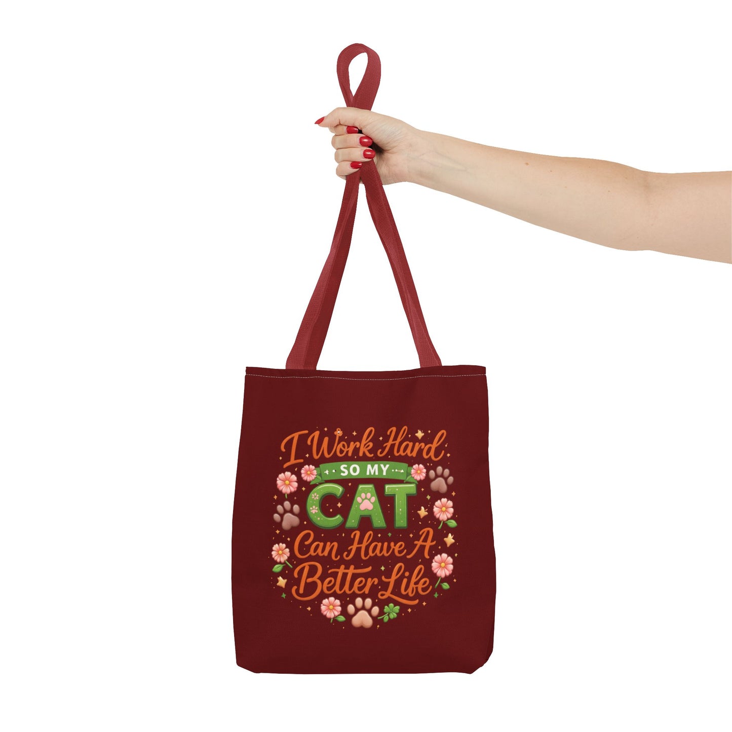Cat Lover Tote Bag - "I Work Hard So My Cat Can Have A Better Life" Cute Floral Canvas Tote