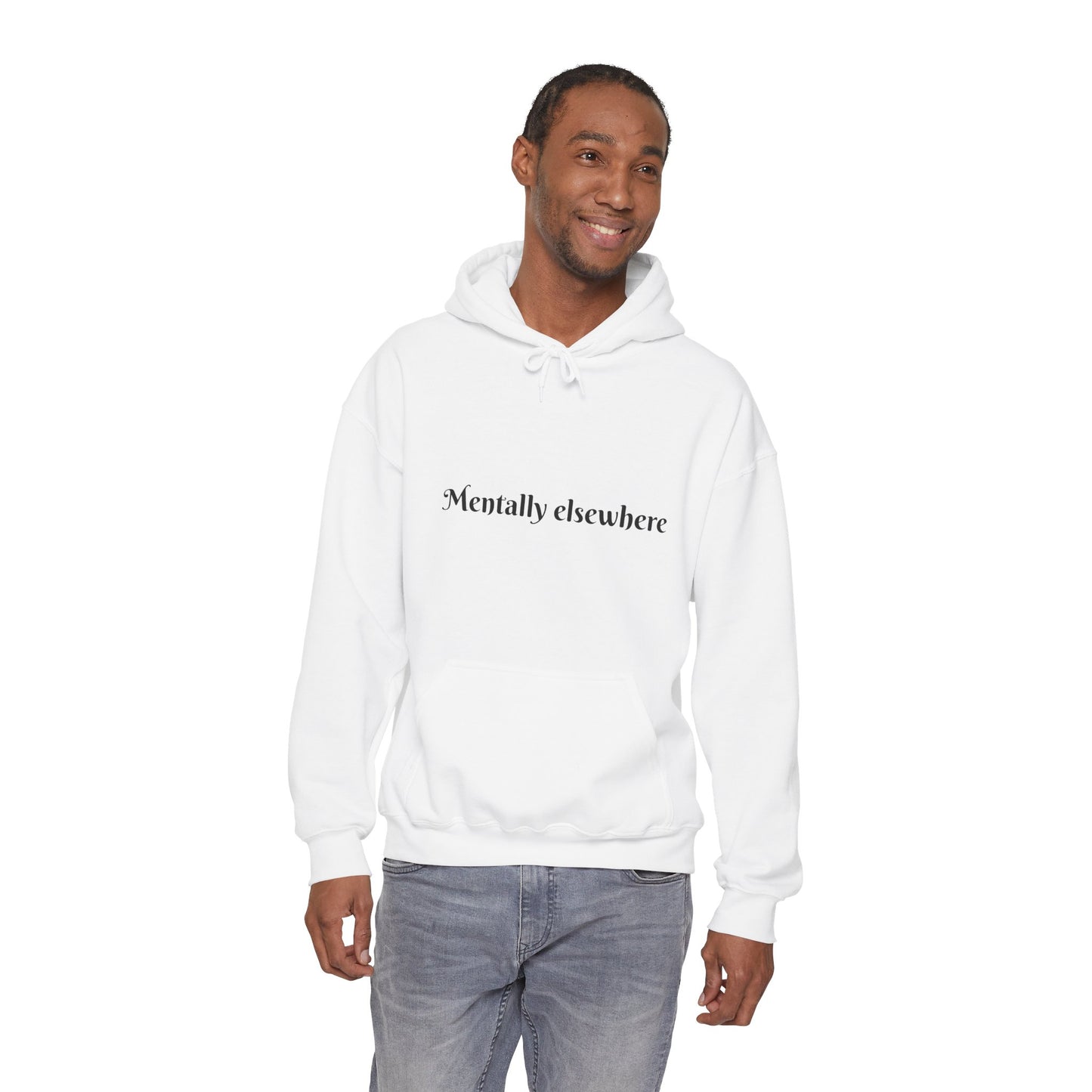 Mentally Elsewhere Hoodie — Minimal Gothic Script Comfort Pullover