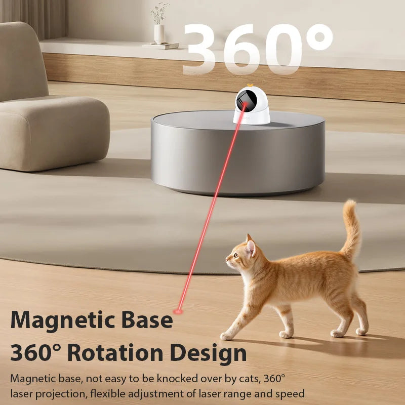 Cat playing with a laser pointer on a magnetic base in a modern living room.