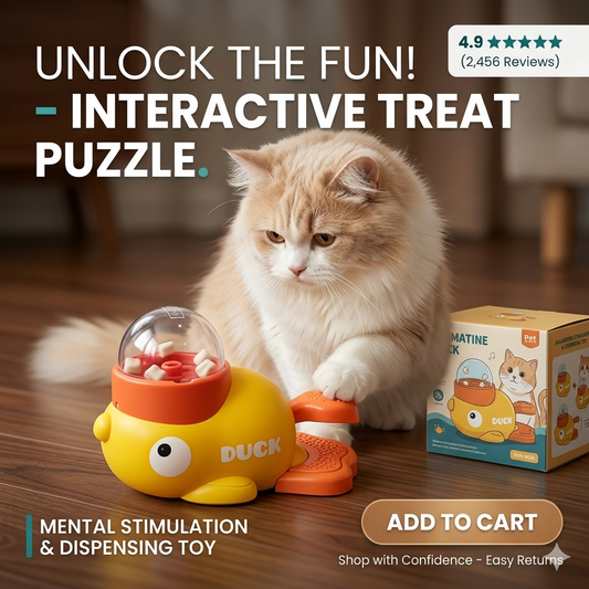 Cat playing with a duck-shaped interactive treat puzzle toy on a wooden floor.