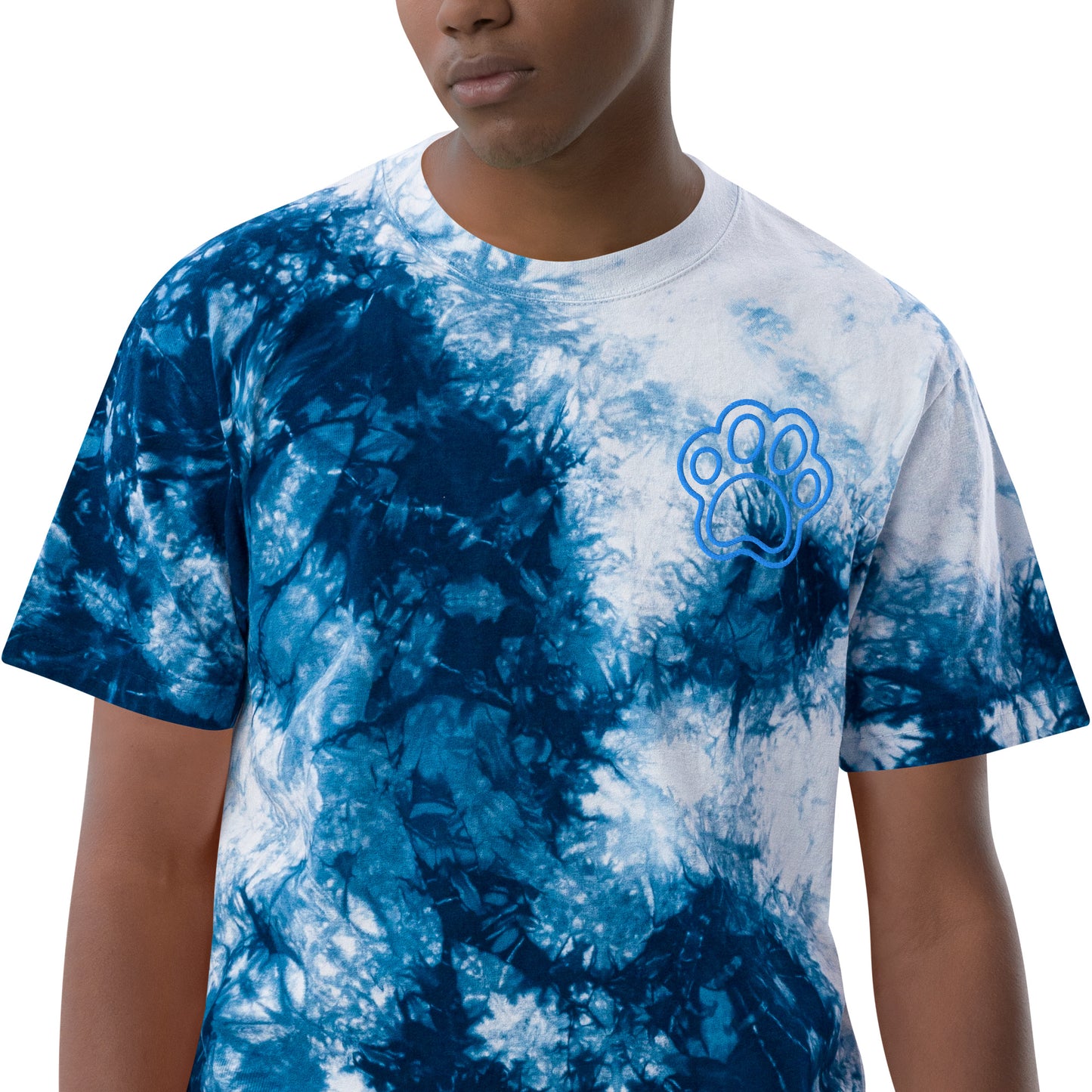 Oversized Navy Tie-Dye Paw Print Tee | Unisex Streetwear Blue Marble Cat T-Shirt