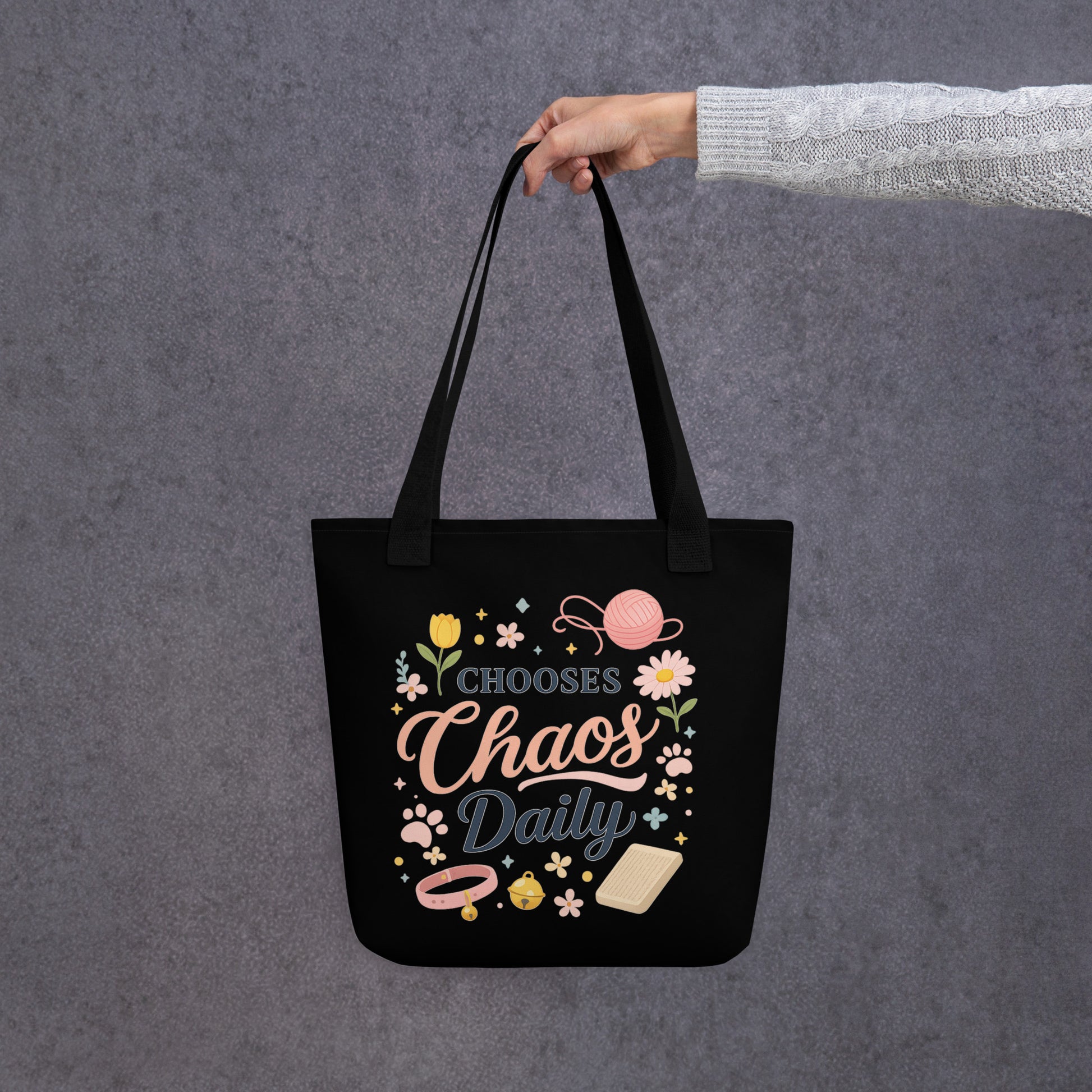 Chooses Chaos Daily Tote Bag - Funny Cat Lover Gift - Aesthetic Black Canvas Shoulder Bag