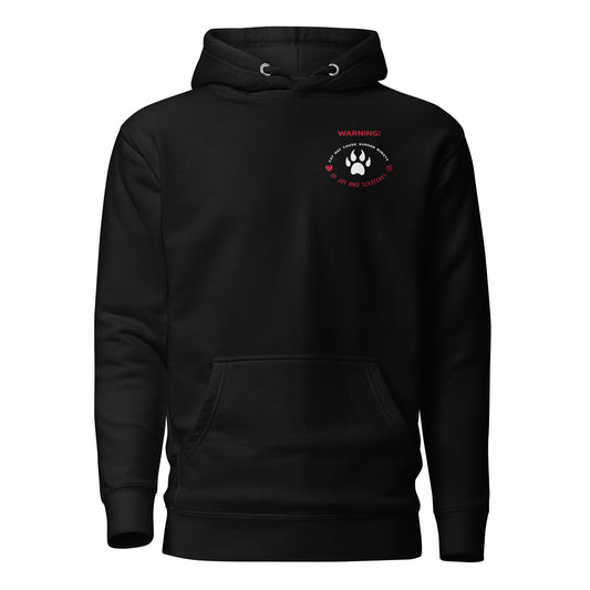 Black pullover hoodie with a small “Warning” cat-themed design on the chest, featuring a paw print and text about joy and scratches, along with a drawstring hood and front pocket.
